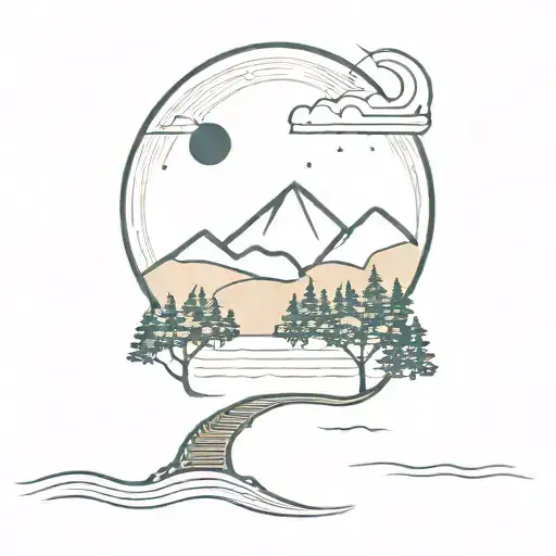 A forest with pine trees, waves or a river in front, a distant bridge, mountainous landscape with a subtle road. Sunset and crescent moon tattoo design idea