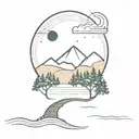 A forest with pine trees, waves or a river in front, a distant bridge, mountainous landscape with a subtle road. Sunset and crescent moon tattoo design idea