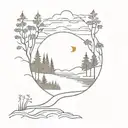 A forest with pine trees, waves or a river in front, a distant bridge, mountainous landscape with a subtle road. Sunset and crescent moon tattoo design idea