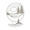 A forest with pine trees, waves or a river in front, a distant bridge, mountainous landscape with a subtle road. Sunset and crescent moon tattoo design idea