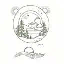 A forest with pine trees, waves or a river in front, a distant bridge, mountainous landscape with a subtle road. Sunset and crescent moon tattoo design idea