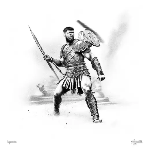 Spartacus gladiator and roman legion on the background  tattoo design idea