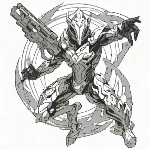 Design a black-grey tattoo featuring Visp from Warframe in a dynamic action pose tattoo design idea