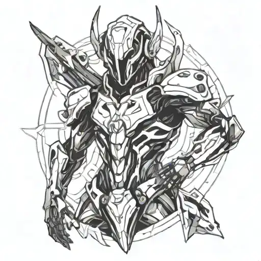 Incorporate elements of Warframe's Visp character into a futuristic blackwork design tattoo design idea