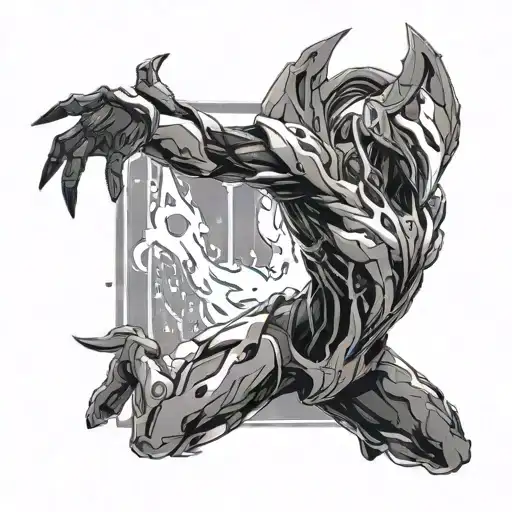 Design a black-grey tattoo featuring Visp from Warframe in a dynamic action pose tattoo design idea