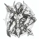 Incorporate elements of Warframe's Visp character into a futuristic blackwork design tattoo design idea