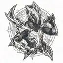 Incorporate elements of Warframe's Visp character into a futuristic blackwork design tattoo design idea