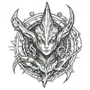 Incorporate elements of Warframe's Visp character into a futuristic blackwork design tattoo design idea