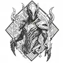 Incorporate elements of Warframe's Visp character into a futuristic blackwork design tattoo design idea