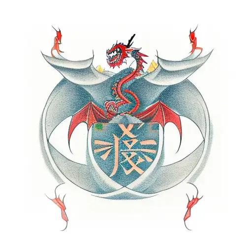 Chinese characters in a straight line on a shoulder with a red dragon.  tattoo design idea