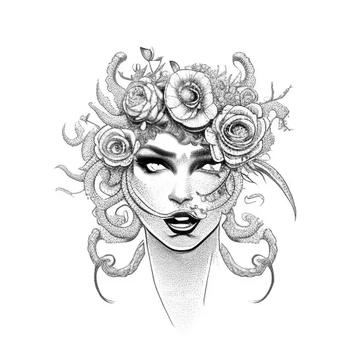 A fierce Medusa with flowers growing from her hair, surrounded by vintage car parts tattoo design idea