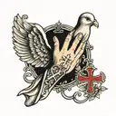 praying hands with dove and cross tattoo design idea