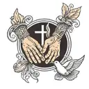 praying hands with dove and cross tattoo design idea