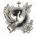 praying hands with dove and cross tattoo design idea