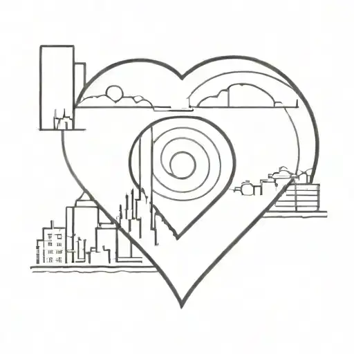 A minimalist tattoo design of a heart-shaped vinyl record with a city skyline in the grooves tattoo design idea