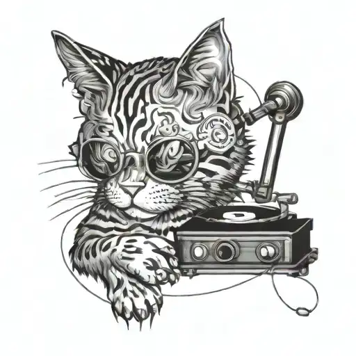 A tattoo design of a cat smoking a cigarette while listening to music on a vinyl record player tattoo design idea