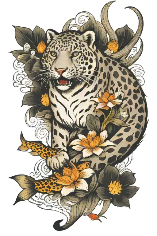 snow leopard and koi fish swimming upstream lotus flowers  tattoo design idea