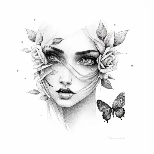 Rose women face broken heart butterfly  tattoo design idea