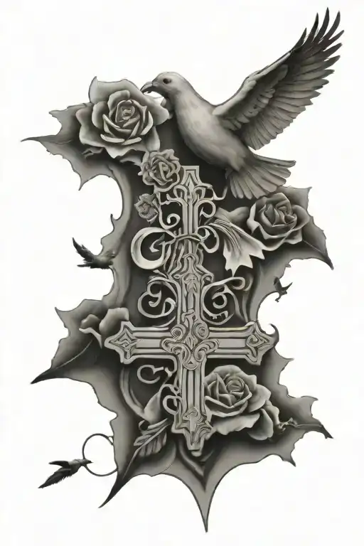 rip quote with crosses in the background and cluouds in the back with doves   tattoo design idea