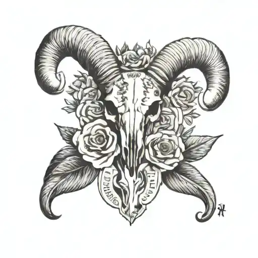 Ram Skull with Flowers and Psalm 34:18 with number 80 mixed i  tattoo design idea