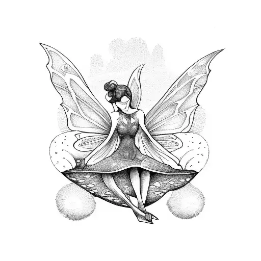 fairy sitting on a mushroom tarot card style tattoo tattoo design idea