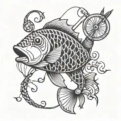 a fish with a hook in its mouth,A geometric pattern incorporating fish and fishing equipment,old school style tattoo design idea