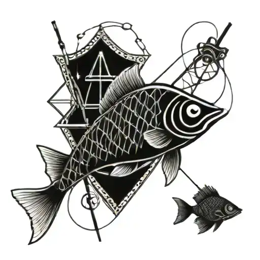 A geometric pattern incorporating fish and fishing equipment,old school style tattoo design idea