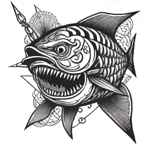 Tuna fish, fish with a hook in its mouth,A geometric pattern incorporating fish and fishing equipment,old school style tattoo design idea