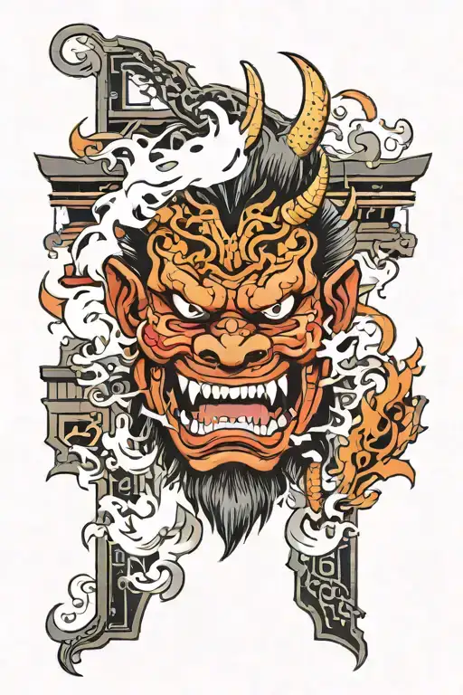 a sleeve tattoo with the face of an Oni, a Japanese gate in the background (with flames) and spikes around the tattoo  tattoo design idea