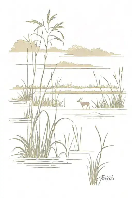 A fine line tattoo of a New Jersey marsh scene with water, tall grass, and no color tattoo design idea