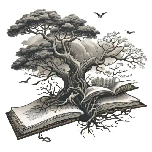 A whimsical design featuring a tree growing out of a book, with roots reaching into the sea, representing the interconnectedness of nature and wisdom tattoo design idea