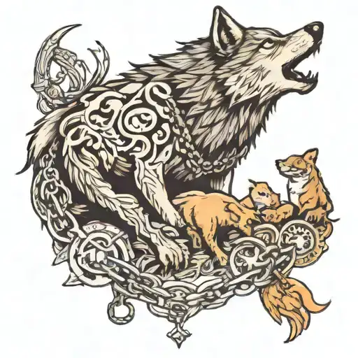 a lone wolf, with a chain around his neck, surrounded by various animals tattoo design idea