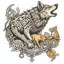 a lone wolf, with a chain around his neck, surrounded by various animals tattoo design idea