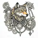 a lone wolf, with a chain around his neck, surrounded by various animals tattoo design idea