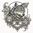 a lone wolf, with a chain around his neck, surrounded by various animals tattoo design idea