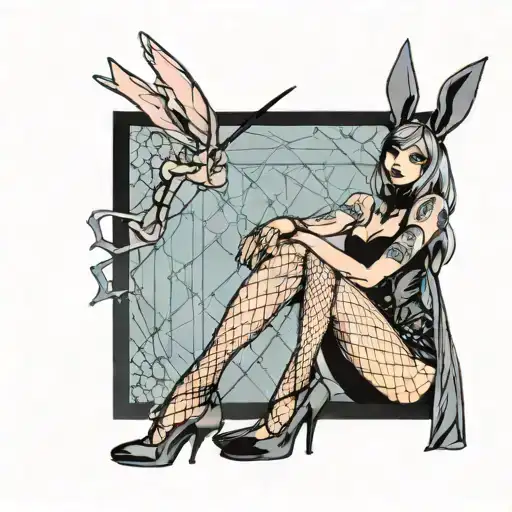 Sexy Woman with High heels fishnet stockings, bunny ears, posing Seductively. Bunny girl outfit, corset, big cleavage. tattoo design idea