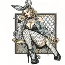 Sexy Woman with High heels fishnet stockings, bunny ears, posing Seductively. Bunny girl outfit, corset, big cleavage. tattoo design idea