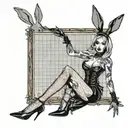 Sexy Woman with High heels fishnet stockings, bunny ears, posing Seductively. Bunny girl outfit, corset, big cleavage. tattoo design idea