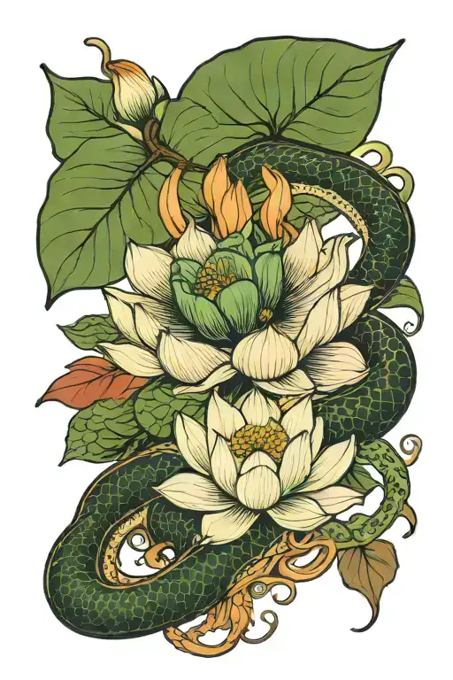 lotus flower with leaves and a snake intertwined tattoo design idea