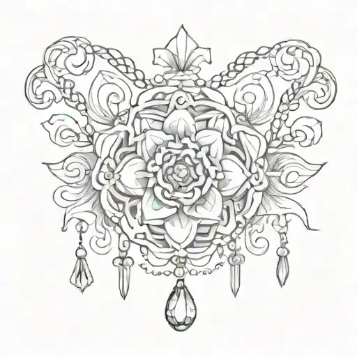 An abstract representation of Anne Boleyn's famous necklace with a Tudor rose pendant in a sketch style tattoo design idea