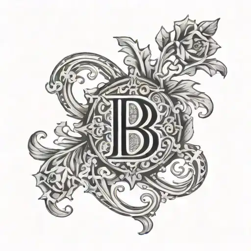 A gothic interpretation of Anne Boleyn's iconic 'B' initial intertwined with a Tudor rose tattoo design idea