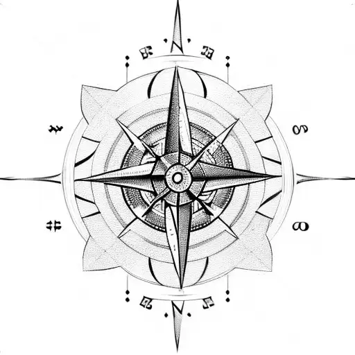Blackwork tattoo of a Norse compass surrounded by mountain peaks tattoo design idea