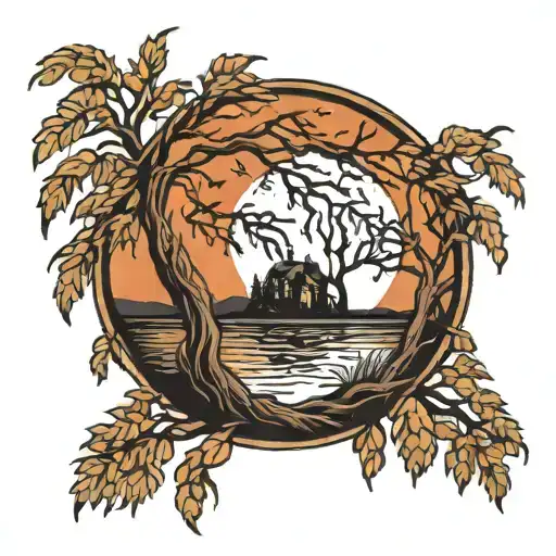 weeping willow tree night sky moon water tattoo design idea