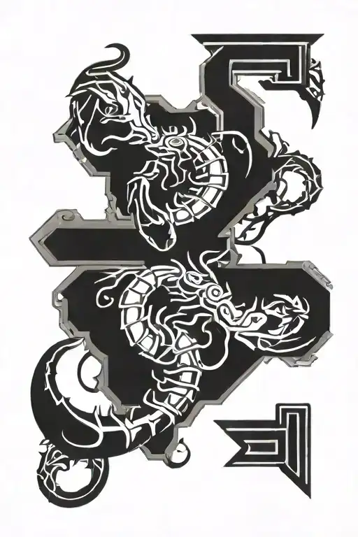 black and white drawing with tribal of a scorpion, gemini, and aries zodiac symbole and the name Jordan and the number 7 tattoo design idea