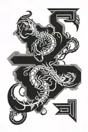 black and white drawing with tribal of a scorpion, gemini, and aries zodiac symbole and the name Jordan and the number 7 tattoo design idea