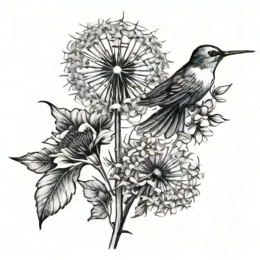 dandelion with stem that says "let them" and hummingbird flying tattoo design idea
