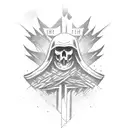 the word "SAINT" in and edgy font with a slash style of straight lines and sharp edges tattoo design idea