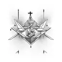 the word "SAINT" in and edgy font with a slash style of straight lines and sharp edges tattoo design idea