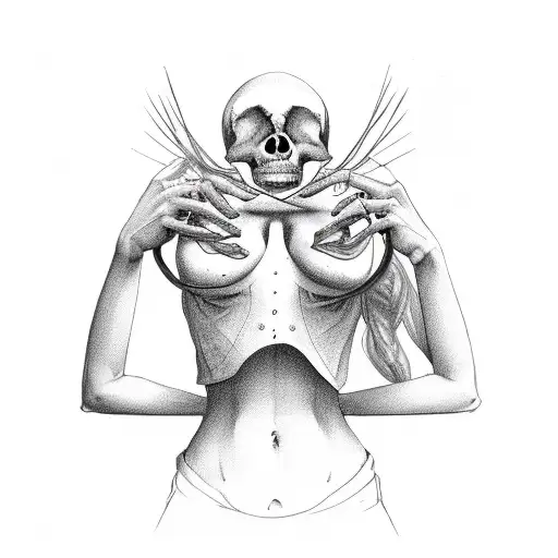 woman taking off her sweater with a human skull in place of her stomach tattoo design idea