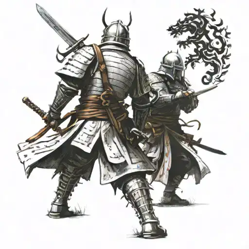 A sword fight between a samurai and a Templar knight. The Templar is standing with his back tattoo design idea